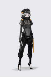 Rule 34 | 1girl, bodysuit, full body, gloves, grey eyes, helmet, looking at viewer, neco, science fiction, short hair, simple background, solo, standing, white hair