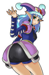 Rule 34 | 1girl, arm up, ass, bare legs, blue hair, blunt bangs, bobabo, buruma, facial mark, fonewearl, from behind, green eyes, hat, jester cap, long hair, long sleeves, looking back, phantasy star, phantasy star online, pointy ears, pom pom (clothes), puffy sleeves, rupika, sidelocks, simple background, skirt, solo, underwear, white background