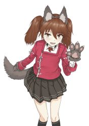 Rule 34 | 1girl, animal ears, animal hands, black skirt, brown eyes, brown hair, fake animal ears, fake tail, flat chest, halloween costume, highres, japanese clothes, kantai collection, kariginu, long sleeves, miniskirt, nito (nshtntr), pleated skirt, ryuujou (kancolle), skirt, solo, tail, twintails, wolf ears, wolf tail