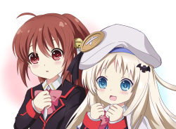 Rule 34 | 2girls, absurdres, bad id, bad pixiv id, bell, blonde hair, blue eyes, blush stickers, bow, brown hair, cape, fang, hair bell, hair ornament, hat, highres, little busters!, long hair, multiple girls, natsume rin, noumi kudryavka, pink bow, ponytail, red eyes, school uniform, sharumon