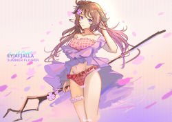 Rule 34 | 1girl, absurdres, arknights, artist name, bikini, brown hair, character name, closed mouth, collarbone, commentary, copyright name, cowboy shot, dotted background, dress, english commentary, eyjafjalla (arknights), eyjafjalla (summer flower) (arknights), falling petals, flower, goat horns, groin, hair flower, hair ornament, hand up, highres, holding, holding staff, horns, leg ribbon, light smile, long hair, looking at viewer, naoel (naoel art), navel, off-shoulder dress, off shoulder, official alternate costume, petals, pink bikini, pink flower, purple background, purple dress, purple eyes, ribbon, solo, staff, swimsuit, thigh ribbon