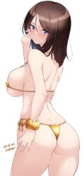 Rule 34 | 1girl, ass, back, bikini, blue eyes, breasts, brown hair, covered erect nipples, cowboy shot, dated, from behind, girls und panzer, gold bikini, hand up, highres, kuzuryuu kennosuke, large breasts, long hair, looking at viewer, looking back, micro bikini, nonna (girls und panzer), parted lips, scrunchie, simple background, skindentation, solo, strap gap, swimsuit, white background, wrist scrunchie