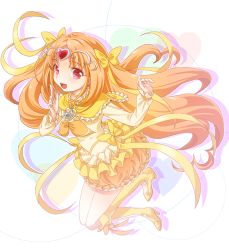 Rule 34 | 10s, 1girl, bad id, bad pixiv id, boots, bow, brooch, bubble skirt, choker, circlet, cure muse, cure muse (yellow), dress, frills, hair ribbon, heart, high heels, jewelry, knee boots, long hair, magical girl, open mouth, orange hair, orange skirt, precure, ratryu, red eyes, ribbon, shirabe ako, skirt, smile, solo, suite precure, yellow bow, yellow dress