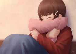 Rule 34 | 1girl, ^ ^, against wall, bad id, bad pixiv id, blunt bangs, blurry, blush, brown hair, closed eyes, commentary request, depth of field, face in pillow, hair ornament, hairclip, happy, knees up, kurosawa dia, long hair, long sleeves, love live!, love live! school idol festival, love live! sunshine!!, hugging object, papi (papiron100), pillow, pillow hug, red sweater, signature, sitting, solo, sweater
