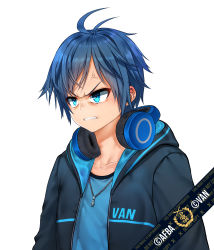 Rule 34 | 1boy, absurdres, afba, anger vein, angry, blue hair, blush, clenched teeth, collarbone, commentary, commission, english commentary, english text, furrowed brow, hair between eyes, headphones, headphones around neck, highres, hood, hood down, hoodie, jewelry, male focus, necklace, original, short hair, short sleeves, simple background, teeth, virtual youtuber, white background