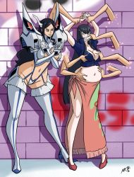 Rule 34 | 2girls, black hair, blue eyes, boots, grabbing another&#039;s breast, breasts, brick wall, cleavage, cosplay, costume switch, crossover, feeding, force-feeding, grabbing, high heel boots, high heels, highres, inflation, kill la kill, kiryuuin satsuki, large breasts, long hair, multiple girls, navel, nico robin, one piece, restrained, revealing clothes, thigh boots, thighhighs