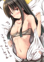 Rule 34 | 10s, 1boy, 1girl, admiral (kancolle), bandeau, bare shoulders, black hair, blush, breasts, brown eyes, cleavage, collarbone, hair censor, hair over breasts, highres, ichikawa feesu, kantai collection, long hair, looking at viewer, navel, off shoulder, shirt, shouhou (kancolle), sidelocks, skirt, stomach, strapless, t-head admiral, t-shirt, tube top