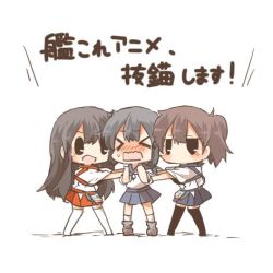 Rule 34 | &gt; &lt;, 10s, 3girls, akagi (kancolle), bad id, bad twitter id, black eyes, black hair, blush, brown hair, closed eyes, fubuki (kancolle), kaga (kancolle), kantai collection, long hair, lowres, multiple girls, open mouth, rebecca (keinelove), short hair, side ponytail, smile, sweat, thighhighs, translation request