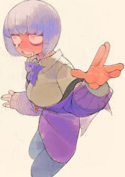 Rule 34 | 1girl, bob cut, bow, bowtie, clenched teeth, cropped legs, gridman universe, highres, jacket, outstretched arms, pantyhose, purple bow, purple bowtie, purple jacket, shinjou akane, shirt, short hair, simple background, solo, ssss.gridman, standing, teeth, umezawa michiko, white background, white shirt