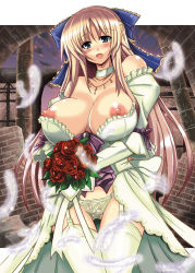 Rule 34 | 1990s (style), 1girl, bare shoulders, blush, bouquet, bow, breast clinging, breasts, brick, bride, celes chere, cloud, column, detached collar, dress, feathers, final fantasy, final fantasy vi, flower, garter belt, garter straps, hair bow, half-shirt, huge breasts, inappropriate wedding dress, indoors, jewelry, lace, lace-trimmed panties, lace panties, lace trim, long hair, looking at viewer, necklace, nipples, no bra, open mouth, panties, pillar, red flower, red rose, revealing clothes, rose, ruins, sky, solo, standing, thighhighs, underwear, very long hair, wedding dress, yasakani an