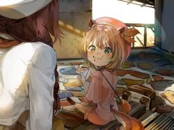 Rule 34 | 2girls, :t, aged down, animal ears, ayunda risu, ayunda risu (1st costume), bag, bread, brown hair, check commentary, commentary request, food, food on face, funi mu9, green eyes, hat, highres, holding, holding food, hololive, hololive indonesia, inugami korone, leaf hat ornament, multiple girls, short hair, shoulder bag, sitting, squirrel ears, squirrel girl, squirrel tail, tail, tearing up, virtual youtuber