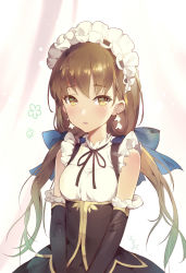 Rule 34 | 1girl, breasts, brown eyes, brown hair, detached sleeves, earrings, jewelry, kakiman, long hair, looking at viewer, low twintails, maid, maid headdress, matching hair/eyes, original, parted lips, solo, twintails