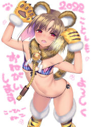 Rule 34 | animal ears, animal hands, animal print, bell, bikini, blonde hair, blush, breasts, chinese zodiac, coffee cat, collar, colored inner hair, fur trim, gloves, highres, looking at viewer, multicolored hair, neck bell, open mouth, original, paw gloves, red eyes, short hair, small breasts, solo, striped bikini, striped clothes, swimsuit, tail, thighhighs, tiger ears, tiger print, tiger tail, year of the tiger