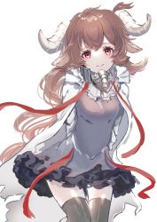 Rule 34 | 1girl, animal ears, arknights, black thighhighs, blush, brown hair, commentary request, cowboy shot, dress, eyjafjalla (arknights), gawako, highres, horns, long hair, looking at viewer, red eyes, sheep ears, sheep girl, sheep horns, smile, solo, thigh gap, thighhighs, white background