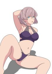 Rule 34 | 1girl, arm at side, arm on own head, bikini, blue eyes, breasts, grey hair, gridman universe, halterneck, highres, knee up, looking at viewer, medium breasts, mujina, multi-strapped bikini, navel, open mouth, purple bikini, rx53l5, shadow, short hair, simple background, sitting, solo, ssss.dynazenon, stomach, swimsuit, thighs, white background