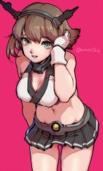 Rule 34 | 10s, 1girl, adjusting hair, artist name, bad id, bad pixiv id, breasts, brown hair, cleavage, cleavage cutout, clothing cutout, covered erect nipples, gloves, gluteal fold, green eyes, groin, kantai collection, katsuoboshi, leaning forward, miniskirt, mutsu (kancolle), navel, nipples, pink background, short hair, skirt, smile, solo