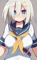 Rule 34 | 10s, 1girl, 9law, bad id, bad pixiv id, blue eyes, blush, breasts, hair ornament, hair over one eye, hairclip, hamakaze (kancolle), highres, kantai collection, large breasts, looking at viewer, school uniform, serafuku, short hair, silver hair, solo