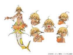 Rule 34 | 1girl, :d, ahoge, aqua eyes, blonde hair, breasts, closed mouth, dark-skinned female, dark skin, expression chart, fins, floating hair, full body, gills, head fins, looking at viewer, lulala heine, mermaid, monster girl, monster musume no oisha-san, multiple views, official art, open mouth, simple background, small breasts, smile, white background