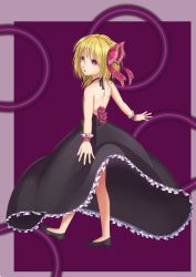Rule 34 | 1girl, :o, alternate costume, backless dress, backless outfit, bare shoulders, blonde hair, border, dress, female focus, flower, hair ribbon, high heels, highres, looking at viewer, looking back, max (akaityou), outstretched arms, purple background, red eyes, ribbon, rumia, shoes, short hair, solo, spread arms, touhou, wrist cuffs