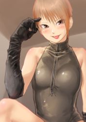 Rule 34 | 1girl, :p, asymmetrical hair, bare shoulders, black gloves, black one-piece swimsuit, blush, brown eyes, competition swimsuit, elbow gloves, front zipper swimsuit, gloves, grey one-piece swimsuit, hair between eyes, highres, kilye kairi, looking at viewer, meme attire, one-piece swimsuit, orange hair, original, smile, solo, swimsuit, tongue, tongue out, upper body