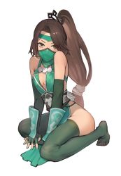 Rule 34 | 1girl, absurdres, akali, ass, bare shoulders, breasts, brown hair, cleavage, elbow gloves, gloves, green gloves, green thighhighs, highres, league of legends, long hair, looking at viewer, mask, medium breasts, mouth mask, ninja, no panties, no shoes, own hands together, seiza, simple background, sitting, solo, thighhighs, white background, zhengwei (nobber)