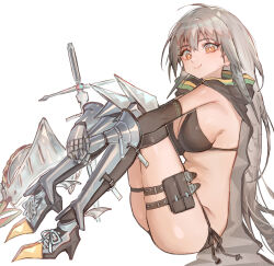Rule 34 | 1girl, absurdres, arknights, armor, armored boots, bikini, bikini armor, boots, breasts, bright pupils, cape, commentary request, fartooth (arknights), from side, full body, gauntlets, grey hair, highres, hugging own legs, kaguura (kagu), leg armor, legband, long hair, looking at viewer, planted, planted sword, planted weapon, revision, side-tie bikini bottom, simple background, sitting, skindentation, smile, solo, swimsuit, sword, thigh boots, unworn headwear, weapon, white background, white pupils, yellow eyes