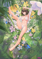 Rule 34 | 1girl, ;o, arm up, armpits, artist name, ass, atdan, bare legs, bare shoulders, barefoot, bikini, black hair, breasts, bug, butterfly, cleavage, collarbone, commentary, feet, flower, from above, full body, halterneck, halterneck, highres, insect, large breasts, leg up, long legs, looking at viewer, lying, nature, navel, on back, one eye closed, open clothes, open mouth, open shirt, original, plant, red eyes, shirt, short hair, sidelocks, solo, stomach, strap gap, string bikini, swimsuit, thighs, water drop, wet, white bikini, white flower, white shirt, yellow flower