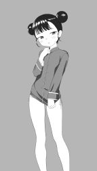 Rule 34 | 1girl, absurdres, blush, china dress, chinese clothes, double bun, dress, dress tug, embarrassed, female focus, greyscale, hair bun, highres, minidress, monochrome, original, panties, parted lips, sc naru, side-tie panties, solo, underwear