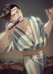 Rule 34 | 1boy, black hair, blue kimono, chengongzi123, closed eyes, cowboy shot, facial hair, facing viewer, goatee stubble, golden kamuy, hands up, highres, holding, holding microphone, japanese clothes, kimono, long sleeves, male focus, mask, mask on head, microphone, music, obi, open mouth, sash, scar, scar on neck, short hair, singing, standing, striped clothes, striped kimono, stubble, tengu mask, toned, toned male, tsukishima hajime, very short hair, white kimono, wide sleeves