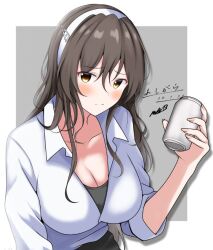 Rule 34 | 1girl, abataa, ashigara (kancolle), beer can, breasts, brown eyes, can, cleavage, collared shirt, commentary request, dress shirt, drink can, hairband, holding, holding can, kantai collection, large breasts, long hair, shirt, solo, two-tone background, undershirt, upper body, white hairband, white shirt