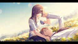 Rule 34 | 1boy, 1girl, a3!, brown hair, character name, chigasaki itaru, closed eyes, copyright name, day, field, formal, grin, highres, lap pillow, lens flare, letterboxed, long hair, mokoppe, outdoors, parted lips, shirt, sidelocks, smile, suit, t-shirt, tachibana izumi (a3!), tuxedo, white shirt