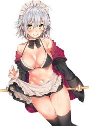 Rule 34 | 1girl, ahoge, apron, bare shoulders, bikini, bikini top only, bikini under clothes, black bikini, black bow, black bowtie, black thighhighs, blush, bow, bowtie, breasts, choker, cleavage, clothes lift, collarbone, cowboy shot, fate/grand order, fate (series), frilled bikini, frills, grin, highres, hood, hoodie, jeanne d&#039;arc (fate), jeanne d&#039;arc alter (avenger) (fate), jeanne d&#039;arc alter (fate), kawai (purplrpouni), large breasts, lifted by self, long sleeves, looking at viewer, maid headdress, navel, off shoulder, open clothes, open hoodie, short hair, silver hair, simple background, skirt, skirt lift, smile, solo, spiked hair, standing, stomach, swimsuit, thighhighs, thighs, waist apron, white background, yellow eyes
