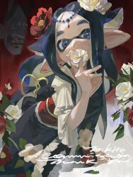 Rule 34 | 1boy, androgynous, asymmetrical sleeves, black hair, black kimono, blue eyes, blue hair, commission, earrings, erming225, facing viewer, flower, flower in mouth, flower to mouth, forehead, hair flower, hair ornament, hand rest, hand up, highres, holding, holding flower, inkling, inkling boy, inkling player character, japanese clothes, jewelry, kimono, leaning, leaning forward, long hair, looking at viewer, mole, mole under eye, nintendo, off shoulder, painterly, parted bangs, pointy ears, red flower, red sash, sash, signature, splatoon (series), stud earrings, tentacle hair, thick eyebrows, white flower