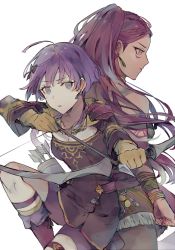 Rule 34 | 2girls, arrow (projectile), bernadetta von varley, bike shorts, bow (weapon), bracelet, dress, earrings, fire emblem, fire emblem: three houses, from side, gloves, grey eyes, hair ornament, holding, holding arrow, holding bow (weapon), holding weapon, jewelry, kvlen, long hair, long sleeves, multiple girls, nintendo, parted lips, petra macneary, ponytail, purple hair, quiver, short dress, simple background, thigh strap, weapon, white background, yellow gloves