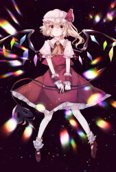 Rule 34 | 1girl, ascot, blonde hair, closed mouth, collared shirt, dark background, flandre scarlet, frilled shirt collar, frilled sleeves, frills, full body, hair between eyes, hat, highres, holding, holding polearm, holding weapon, laevatein (touhou), looking at viewer, mary janes, medium hair, mob cap, multicolored wings, one side up, polearm, puffy short sleeves, puffy sleeves, red eyes, red footwear, red skirt, red vest, shirt, shoes, short sleeves, simple background, skirt, skirt set, socks, solo, soraki (marisa syou), touhou, vest, weapon, white hat, white shirt, white socks, wings, wrist cuffs, yellow ascot
