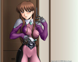 Rule 34 | 1990s (style), 1999, 1girl, 2000, asagi akira, blush, bodysuit, breasts, brown eyes, brown hair, cameltoe, covered erect nipples, dual! parallel trouble adventure, groin, impossible clothes, impossible shirt, long hair, medium breasts, multicolored clothes, nipples, purple bodysuit, retro artstyle, sanada mitsuki, shirt, signature, skin tight, solo