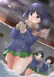 Rule 34 | black eyes, black hair, blue jacket, blue mittens, blue scarf, blunt bangs, blunt ends, blurry, blurry background, bob cut, breath, buttons, closed eyes, crossed arms, depth of field, double-breasted, dutch angle, fringe trim, girls und panzer, gotou moyoko, green skirt, grey mittens, grey scarf, jacket, konparu nozomi, leaf, looking at another, looking to the side, miniskirt, mittens, naopon918, ooarai school uniform, open mouth, outdoors, overcast, pleated skirt, sailor collar, scarf, school uniform, short hair, skirt, sky, snow, sono midoriko, standing, wind, winter uniform