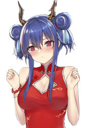 Rule 34 | 1girl, absurdres, arknights, bare arms, bare shoulders, bead bracelet, beads, blue hair, blush, bracelet, breasts, ch&#039;en (ageless afterglow) (arknights), ch&#039;en (arknights), china dress, chinese clothes, chinese commentary, cleavage, cleavage cutout, clothing cutout, commentary request, cundang, double bun, dragon horns, dress, hair between eyes, hair bun, hands up, happy new year, head tilt, highres, horns, jewelry, long hair, medium breasts, new year, official alternate costume, red dress, red eyes, sidelocks, simple background, sleeveless, sleeveless dress, solo, sweat, twintails, upper body, white background