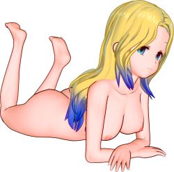Rule 34 | 1girl, 3d, ass, blonde hair, blue eyes, breasts, feet, full body, lying, multicolored hair, nipples, nude, on stomach, solo, tagme, the pose