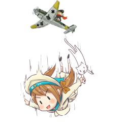 Rule 34 | &gt;:d, 10s, 2girls, :d, aircraft, airplane, batsubyou, black eyes, blonde hair, bow, brown hair, cat, error musume, fairy (kancolle), falling, flying, girl holding a cat (kancolle), hair bow, hat, ju 87, junkers ju 87, kantai collection, long hair, military, military uniform, multiple girls, open mouth, pilot, pilvenpiirtaja, propeller, sailor collar, scarf, shoshinsha mark, simple background, smile, twintails, uniform, v-shaped eyebrows, waving, white background