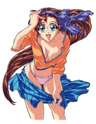 Rule 34 | 1girl, asymmetrical bangs, blue skirt, breasts, brown hair, cleavage, clothes pull, covered erect nipples, gotou keiji, hairband, hand on own head, large breasts, long hair, looking at viewer, navel, open mouth, original, panties, photoshop (medium), pink panties, retro artstyle, rimless eyewear, round eyewear, simple background, skirt, skirt pull, sleeves past elbows, solo, striped clothes, striped skirt, underwear, very long hair, white background