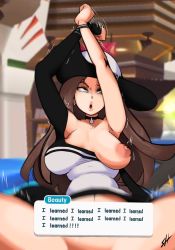 Rule 34 | 1girl, armpits, arms up, beauty (pokemon), black choker, black dress, black hat, blurry, blurry background, bound, bound wrists, breasts, breasts apart, brown hair, character name, choker, clenched hands, collarbone, creatures (company), dress, earrings, english text, game freak, green eyes, groin, hat, highres, implied sex, jewelry, large breasts, lips, long hair, long sleeves, motion lines, nintendo, nipples, off shoulder, one breast out, open mouth, parted bangs, pokemon, pokemon masters ex, puffy nipples, rolling eyes, sagging breasts, signature, solo, spread legs, strangehero, stud earrings, sun hat, talking, thighs, trembling, two-tone dress, white dress, white hat