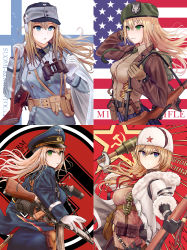 Rule 34 | &gt;:(, 4girls, absurdres, american flag, ammunition pouch, assault rifle, averting eyes, bad id, bad pixiv id, bag, belt, belt buckle, belt pouch, binoculars, blonde hair, blue eyes, blue skirt, bolt action, breasts, brown belt, buckle, canteen, character name, clip (weapon), closed mouth, coat, coat of arms, commentary, commentary request, cowboy shot, cyrillic, earmuffs, en bloc clip, explosive, field cap, finnish flag, finnish text, flag background, fragmentation grenade, from side, fur collar, fur hat, fur trim, girls&#039; frontline, gloves, green eyes, green neckwear, grenade, grenade pin, gun, gun sling, hair between eyes, hair tie, hammer and sickle, hand grenade, hand in own hair, handgun, hat, highres, holding, holding grenade, holding weapon, holster, holstered, hood, hood down, hooded coat, jacket, knife, load bearing equipment, long hair, looking back, looking to the side, m1911, m1 garand, m1 garand (girls&#039; frontline), md5 mismatch, military, military hat, military jacket, military uniform, mk 2 grenade, mod3 (girls&#039; frontline), mosin-nagant, mosin-nagant (girls&#039; frontline), mosin-nagant (mod3) (girls&#039; frontline), multiple girls, multiple straps, necktie, open clothes, open coat, over shoulder, pantylines, pistol, pouch, red background, red bag, red neckwear, red star, revolver, ribbed sweater, rifle, satchel, side ponytail, sidelocks, skirt, smile, star (symbol), stg44, stg44 (girls&#039; frontline), stick grenade, stielhandgranate, submachine gun, suomi (girls&#039; frontline), suomi kp/-31, swastika, sweater, turisasu, uniform, united states, ushanka, weapon, weapon over shoulder, white background, white coat, white gloves, white headwear