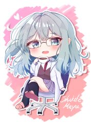 Rule 34 | 1girl, absurdres, aqua eyes, aqua hair, arm at side, ashiyu0330, black socks, blush, brown vest, character name, chibi, chibi only, coat, coffee, collared shirt, commentary request, crossed bangs, crossed legs, cup, double-parted bangs, eyelashes, glasses, grey skirt, hair between eyes, heart, highres, holding, holding cup, kneehighs, lab coat, loafers, long hair, looking at viewer, miniskirt, necktie, one side up, open clothes, open coat, open mouth, pink background, pink footwear, plaid, plaid skirt, pleated skirt, red necktie, riddle joker, school uniform, shikibe mayu, shirt, shoes, simple background, sitting, skirt, smile, socks, solo, tsurime, two-tone background, vest, white background, white shirt