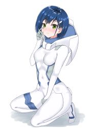 Rule 34 | 1girl, bad id, bad pixiv id, between legs, blue hair, blush, bob cut, bodysuit, commentary, darling in the franxx, full body, green eyes, hair ornament, hairclip, hamu (yuni0349), hand between legs, hand on own face, highres, ichigo (darling in the franxx), light frown, nose blush, pilot suit, raised eyebrows, shadow, simple background, skin tight, solo, squatting, symbol-only commentary, tearing up, tears, white background, wiping tears