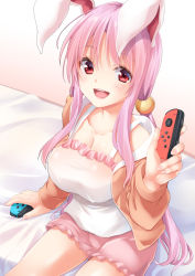 Rule 34 | 1girl, :d, alternate costume, animal ears, bed, breasts, camisole, casual, cleavage, commentary request, contemporary, gradient background, hisae (hisae collect), jacket, joy-con, large breasts, long hair, long sleeves, looking at viewer, nintendo switch, open clothes, open jacket, open mouth, pink background, purple hair, rabbit ears, red eyes, reisen udongein inaba, sitting, smile, solo, thighs, touhou, very long hair