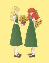 Rule 34 | 2girls, :o, belt, blonde hair, blush, bouquet, bow, bowtie, breasts, color coordination, curly hair, dress, flower, flower pot, gift, green dress, hair bow, headband, holding, holding behind back, layered dress, long dress, mary janes, matching outfits, multiple girls, original, puffy short sleeves, puffy sleeves, red hair, rikuwo, shirt, shirt under dress, shoes, short sleeves, small breasts, socks, sunflower, undershirt, white shirt, yellow background, yuri