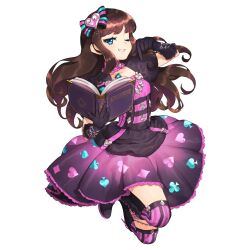 Rule 34 | 1girl, black footwear, black gloves, blue eyes, book, boots, brown hair, club (shape), detached collar, diamond (shape), dress, full body, gloves, grin, hair ornament, heart, heart hair ornament, highres, hitoto, holding, holding book, knee boots, kurosu aroma, long hair, looking at viewer, one eye closed, open book, open mouth, pink dress, pink thighhighs, pointing, pointing down, pretty series, pripara, puffy short sleeves, puffy sleeves, short sleeves, simple background, smile, solo, spade (shape), thighhighs, white background