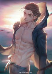Rule 34 | 1boy, abs, alternate hairstyle, bare pectorals, brown hair, cowboy shot, eren yeager, fulushouxijixiangcha, green eyes, hood, hood down, looking at viewer, male focus, medium hair, official alternate costume, pectorals, shingeki no kyojin, solo, spoilers, sunrise, toned, toned male, wind