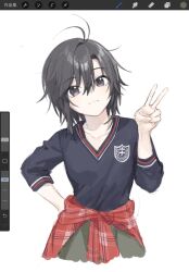Rule 34 | 1girl, :3, antenna hair, black hair, black shirt, breasts, closed mouth, clothes around waist, collarbone, commentary, crest, cropped legs, green skirt, hair between eyes, hand on own hip, hands up, head tilt, highres, idolmaster, idolmaster (classic), kikuchi makoto, long bangs, long sleeves, looking at viewer, plaid, plaid shirt, purple eyes, red shirt, shirt, shirt around waist, short hair, simple background, sketch, skirt, small breasts, smile, solo, upper body, user interface, v, v-neck, very short hair, vickyycy99, white background